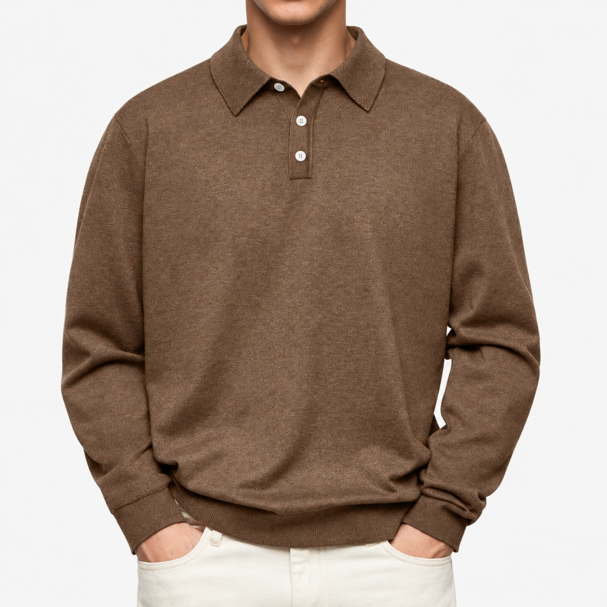 Polo homme marron, manches longues, col motif