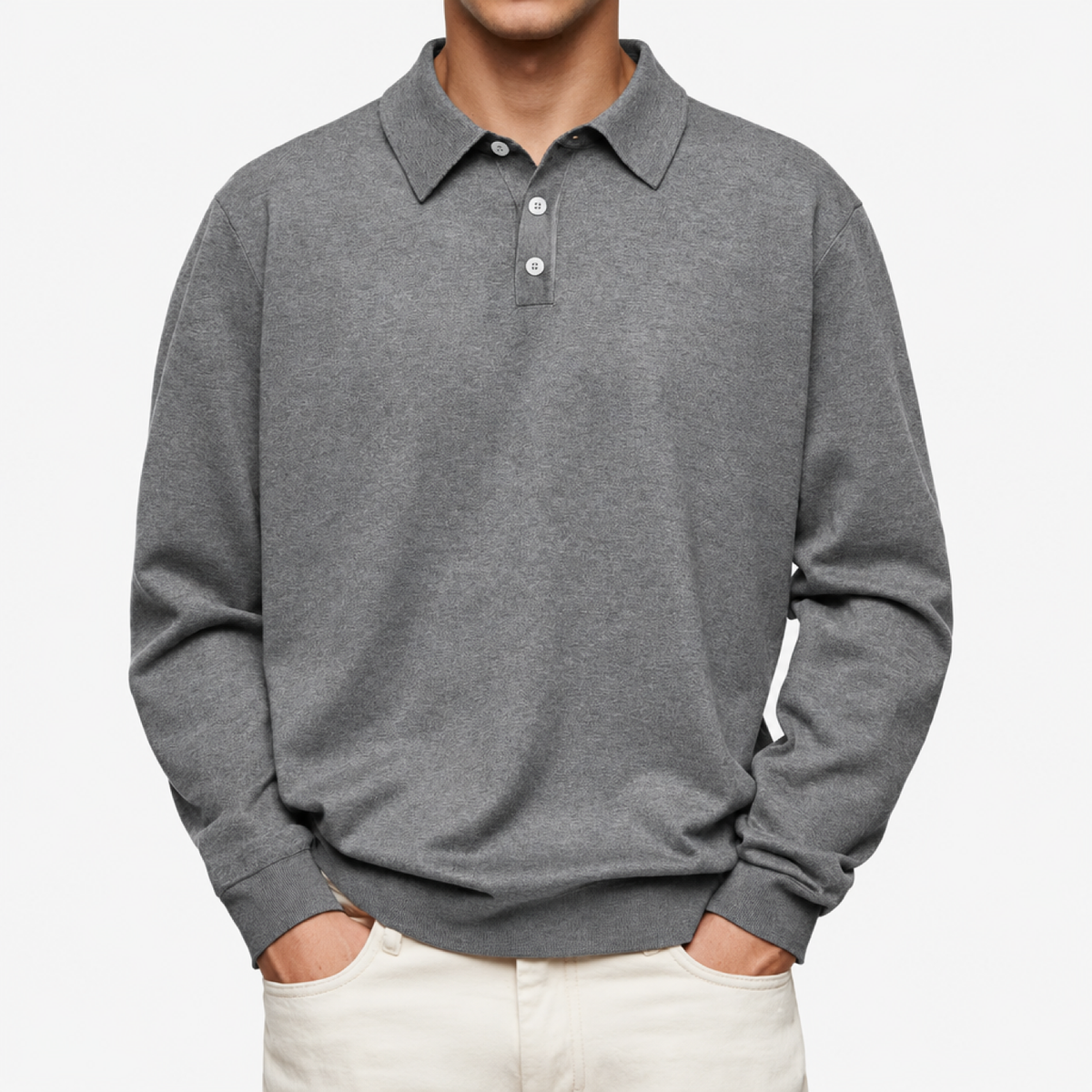 Polo homme gris, manches longues, col motif