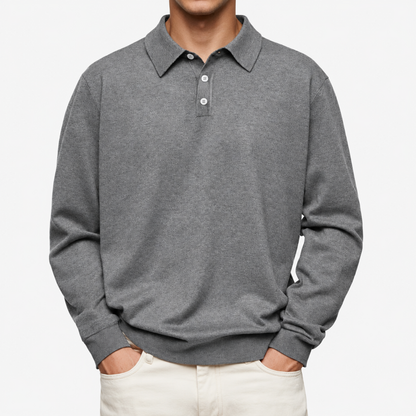 Polo homme gris, manches longues, col motif