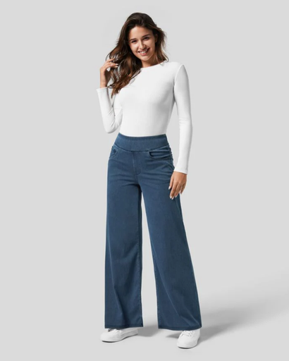 Jean Femme Taille Haute Élastique | Coupe Large et Confort Moderne