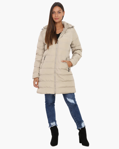 Veste longue matelassée pour femme avec capuche et fermeture éclair
