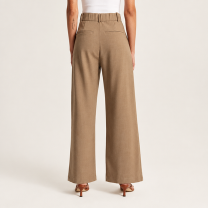 Pantalon large taille haute femme en marron, vue de dos avec poches passepoilées au dos