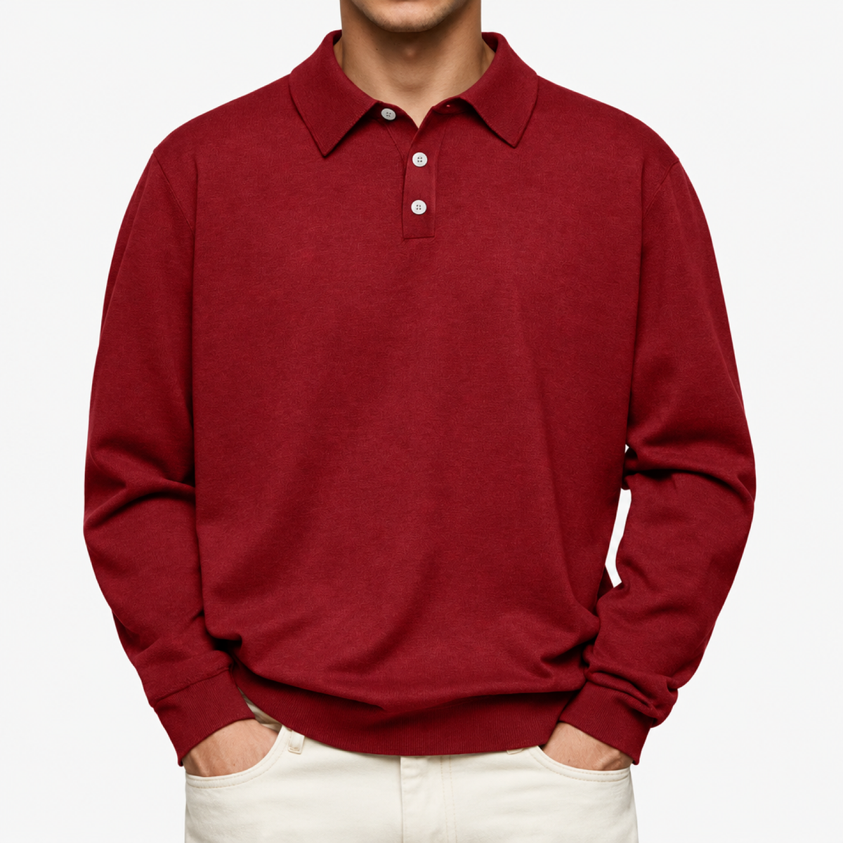 Polo homme rouge, manches longues, col motif
