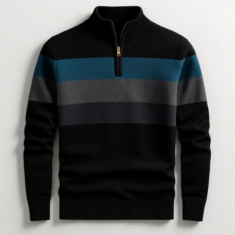 Pull rayé noir, col zippé, vue de face