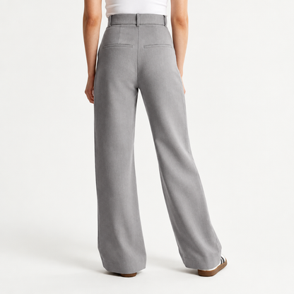 Pantalon large taille haute femme en gris, vue de dos avec passants de ceinture et poches arrière