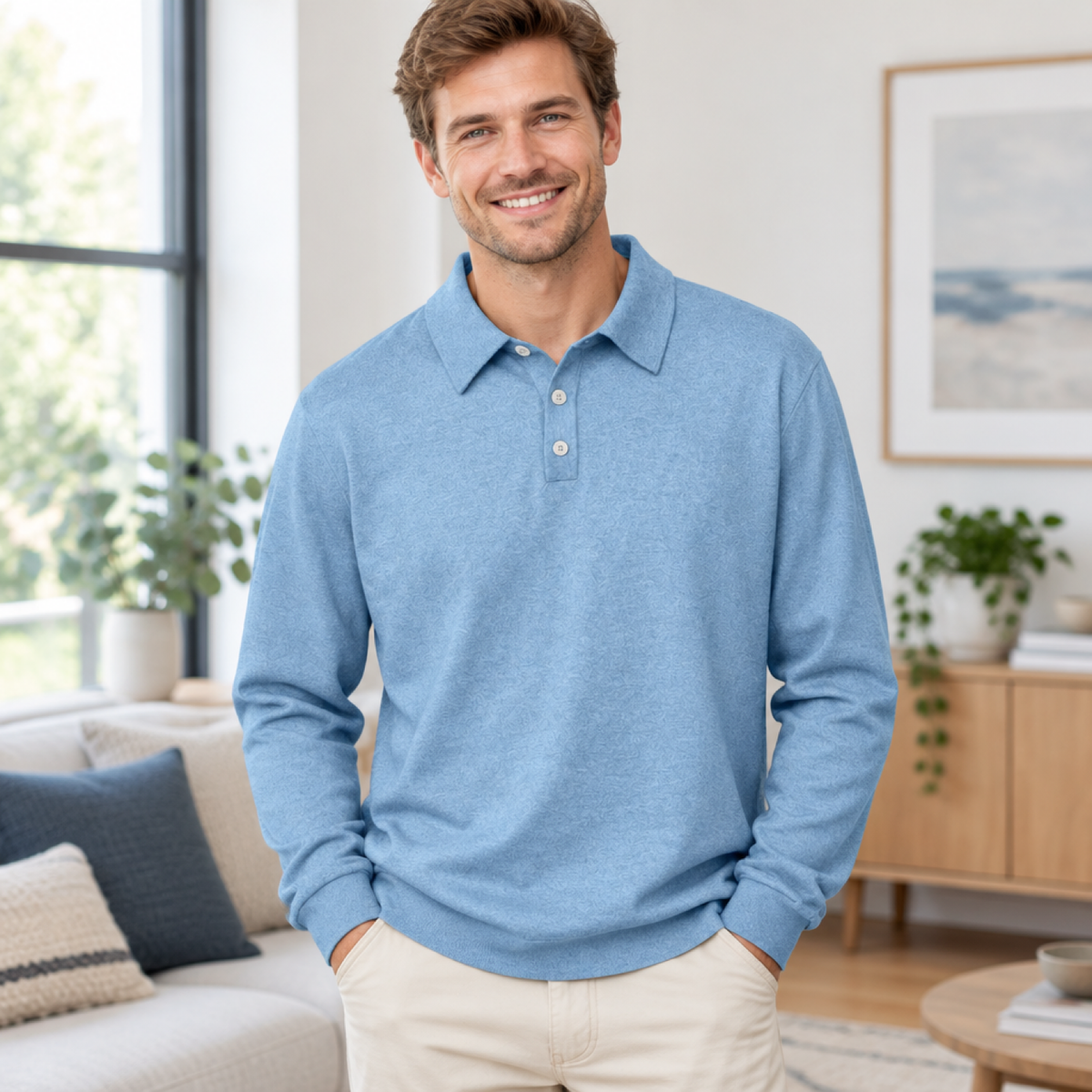 Polo homme bleu clair porté par un modèle, intérieur lumineux
