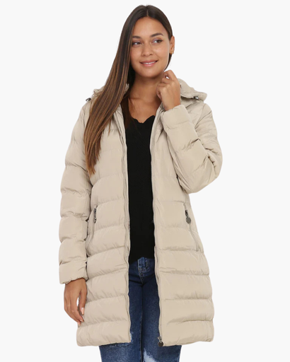 Veste longue matelassée pour femme avec capuche et fermeture éclair