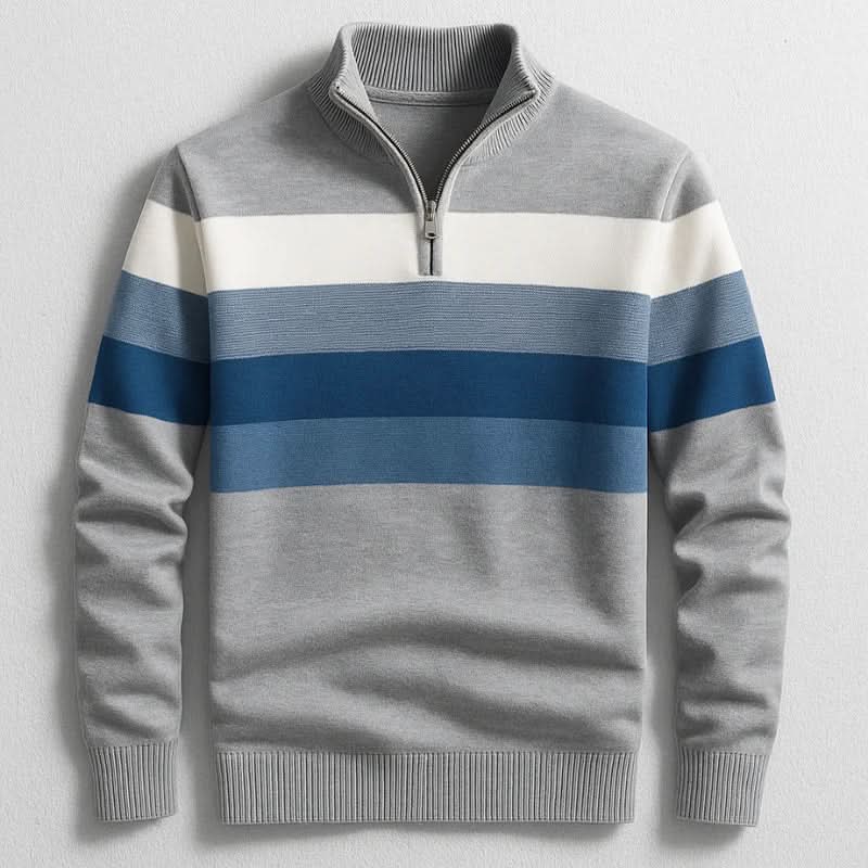 Pull rayé gris, col zippé, vue de face