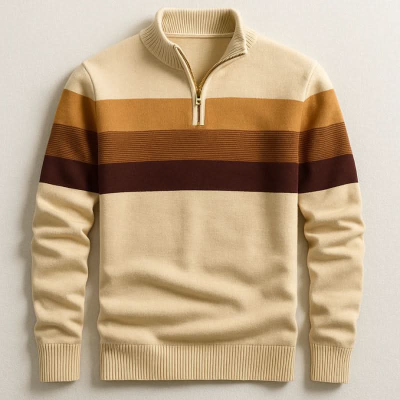 Pull rayé marron, col zippé, vue de face