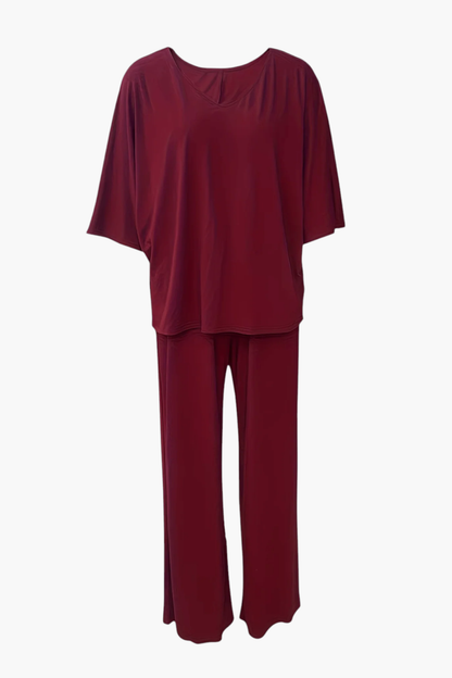 Ensemble Femme 2 Pièces Haut Col V & Pantalon Large Fluide – Tenue Élégante | Invitée de Mariage