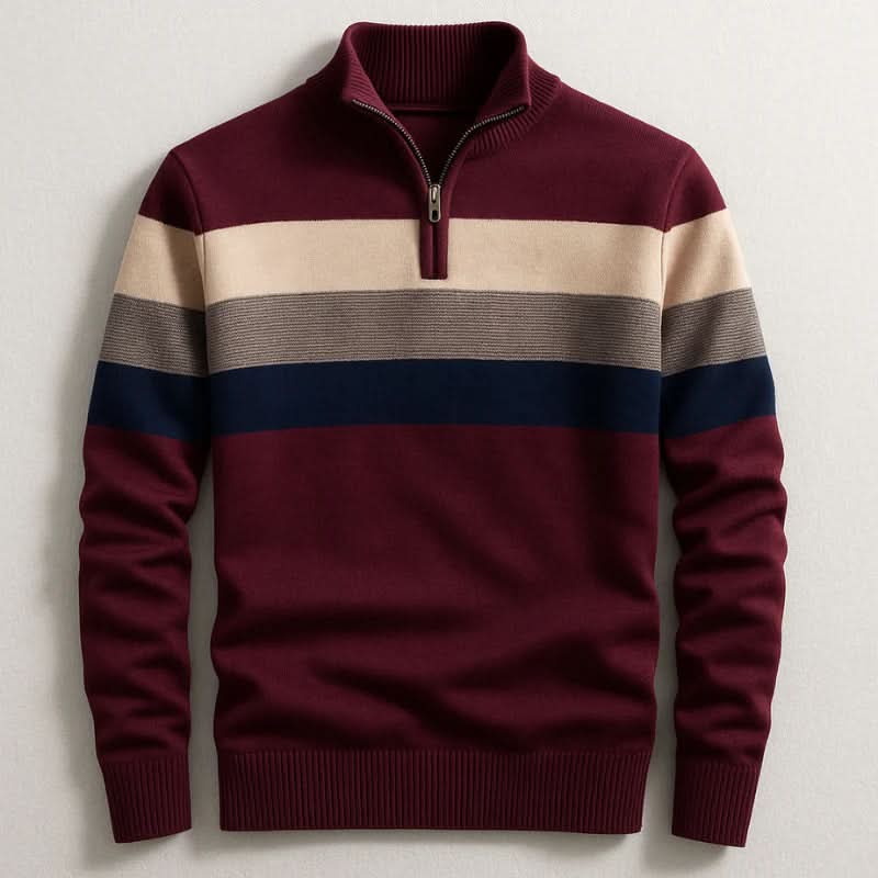 Pull rayé bordeaux, col zippé, vue de face