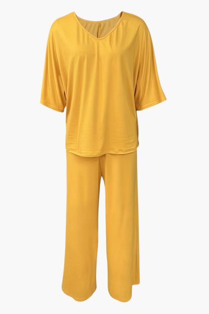 Ensemble Femme 2 Pièces Haut Col V & Pantalon Large Fluide – Tenue Élégante | Invitée de Mariage