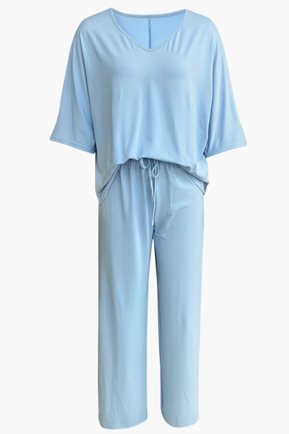 Ensemble Femme 2 Pièces Haut Col V & Pantalon Large Fluide – Tenue Élégante | Invitée de Mariage