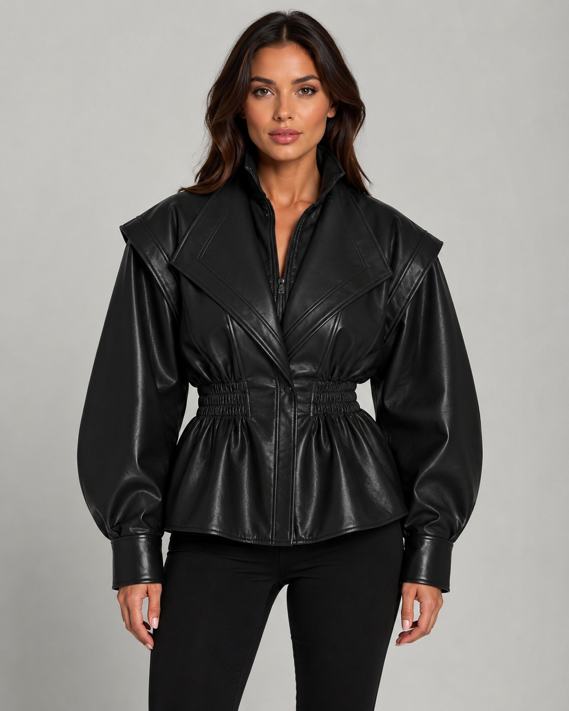 Veste peplum cintrée femme, détail fermeture zip et col