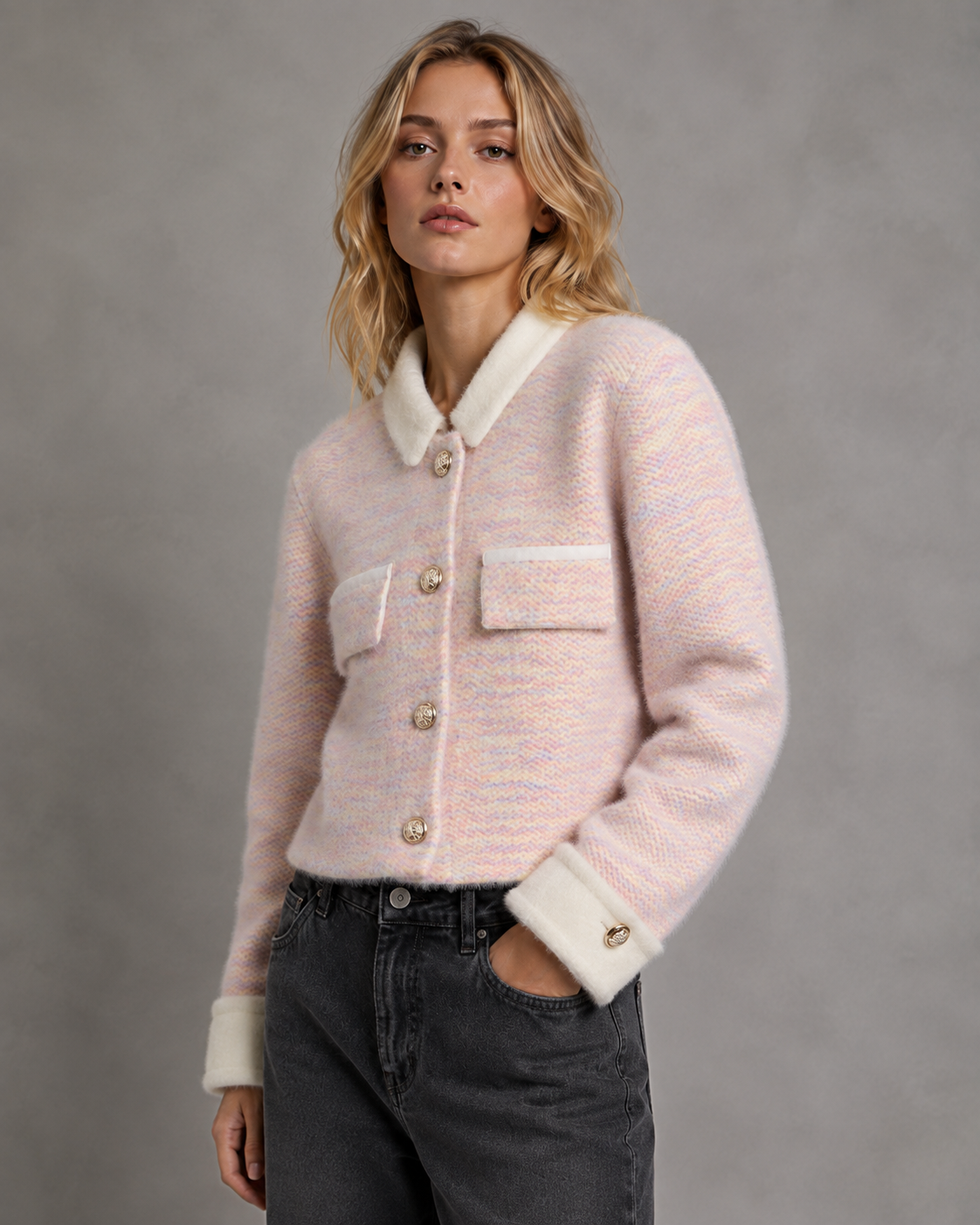 Gilet court col contrastant rose, vue de face