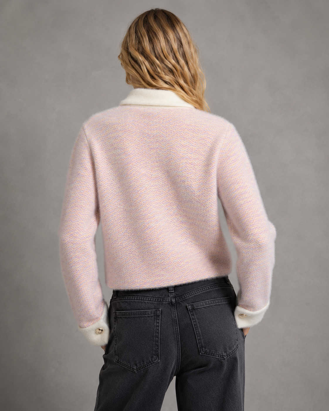 Gilet court col contrastant rose, vue de dos