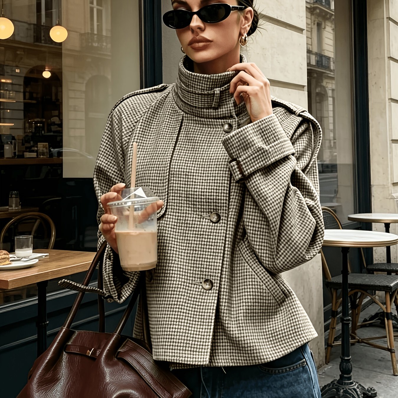 Veste femme carreaux khaki, vue de face