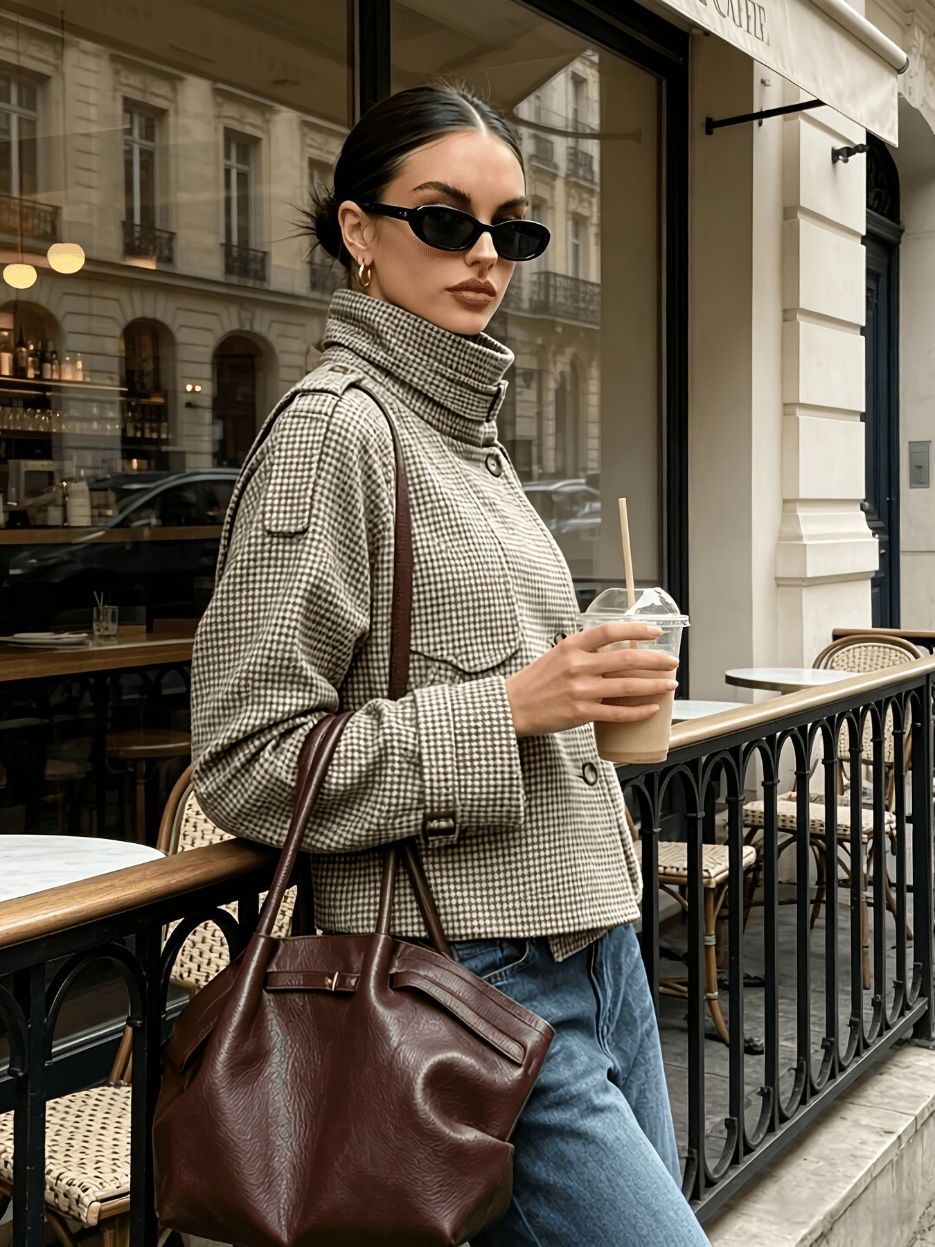 Veste femme carreaux khaki, vue portée de face