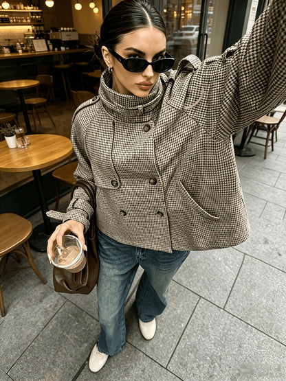Veste femme carreaux khaki, vue portée de profil