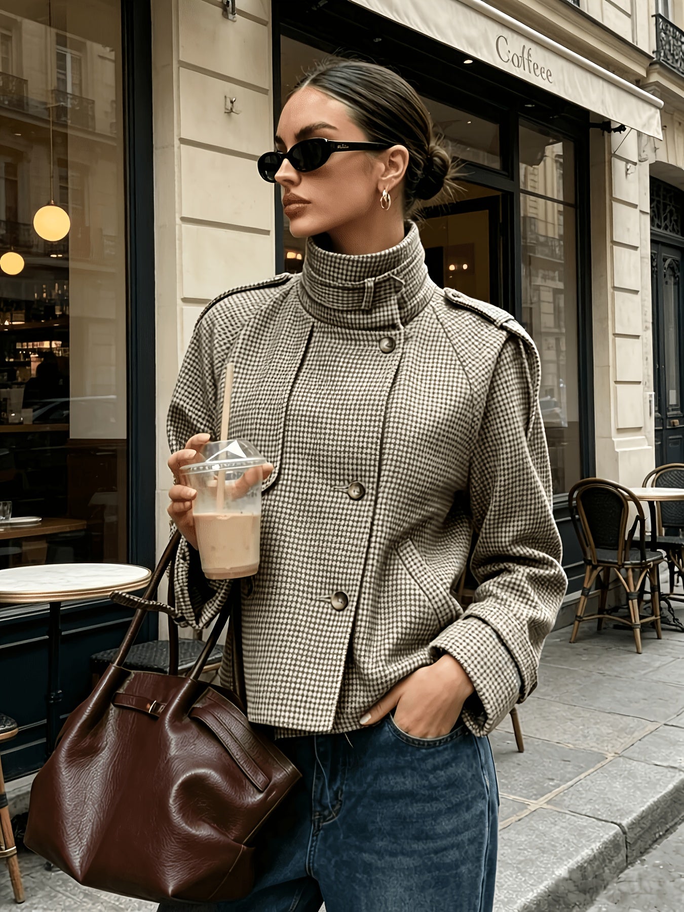 Veste femme carreaux khaki, détail col montant