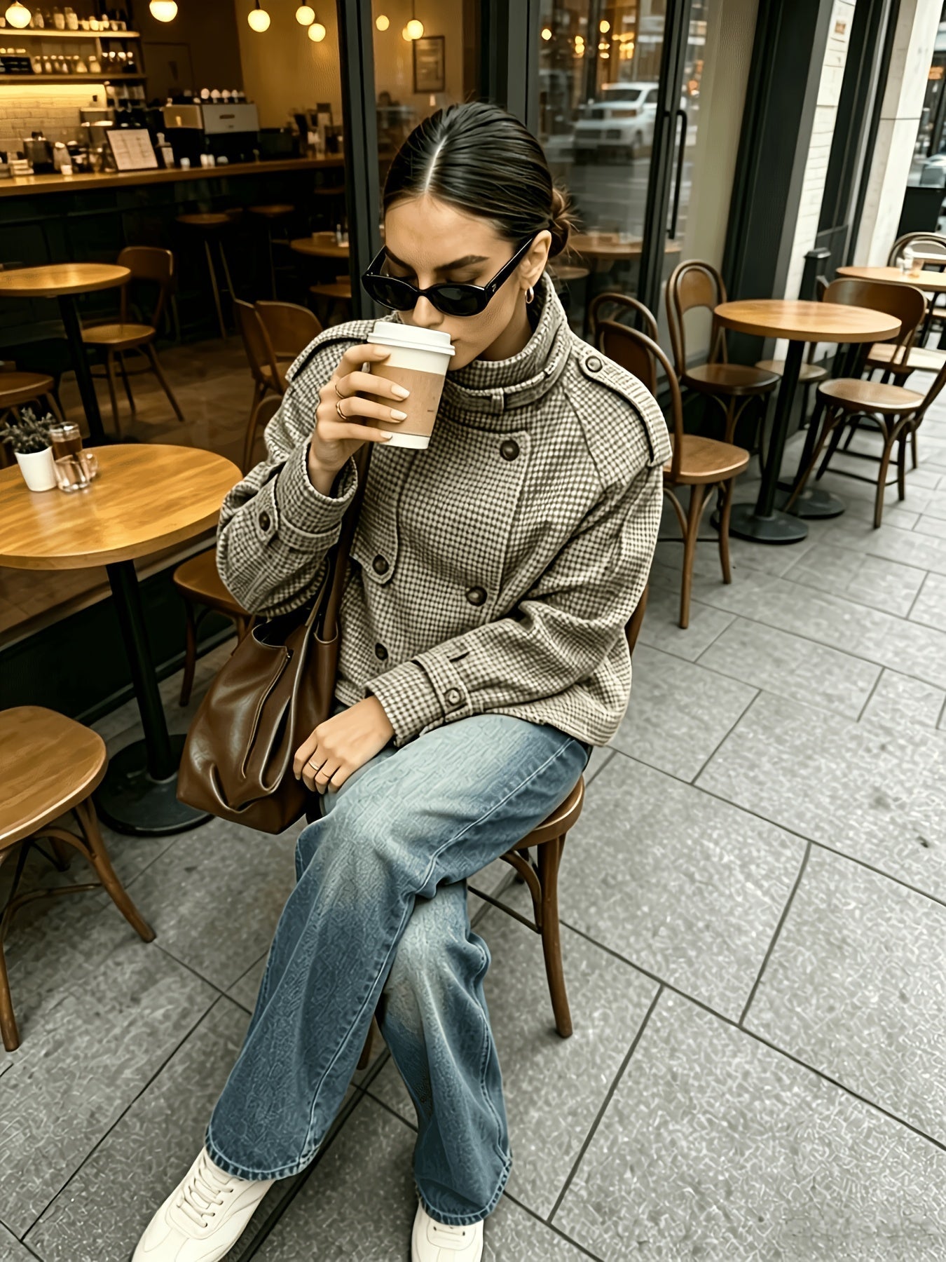 Veste femme carreaux khaki, détail boutonnage croisé