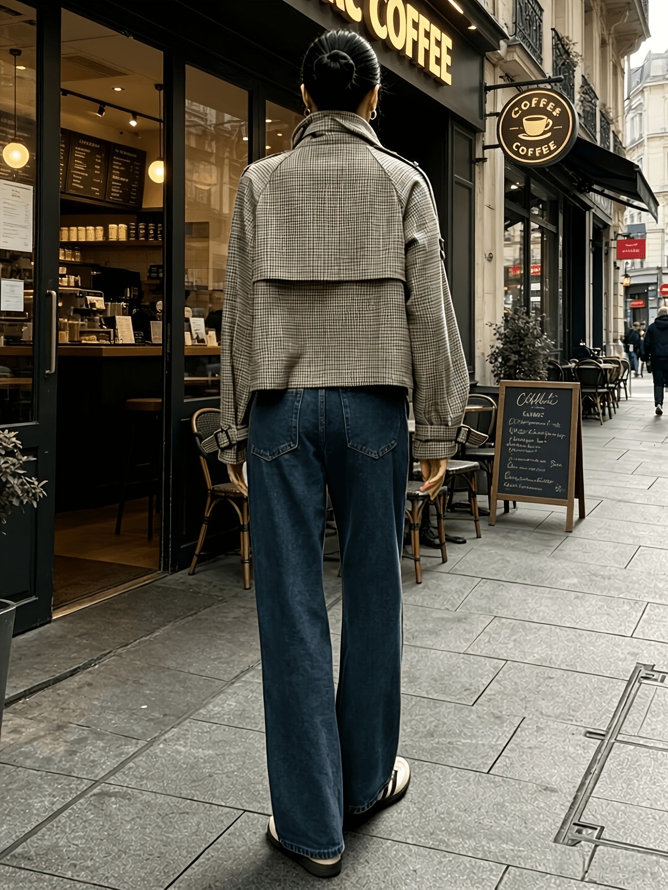 Veste femme carreaux khaki, vue portée en tenue