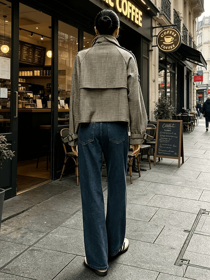 Veste femme carreaux khaki, vue portée en tenue