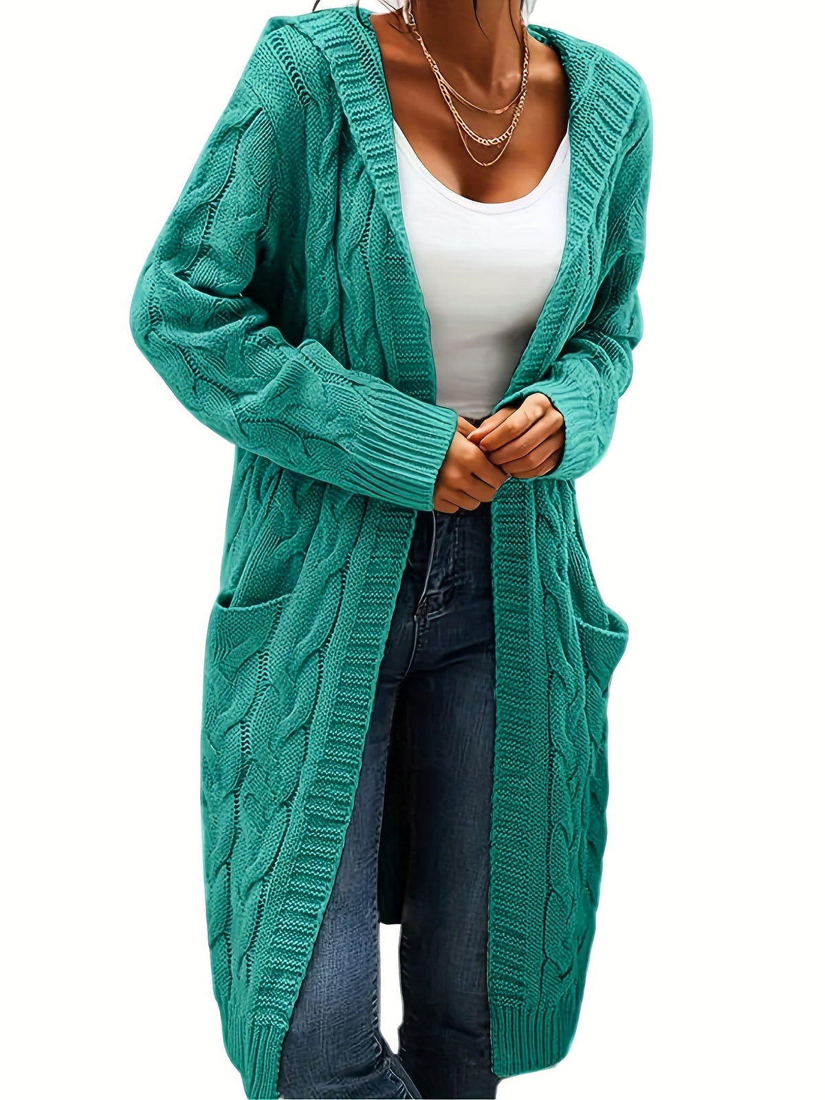 Cardigan femme à capuchon long avec texture câblée