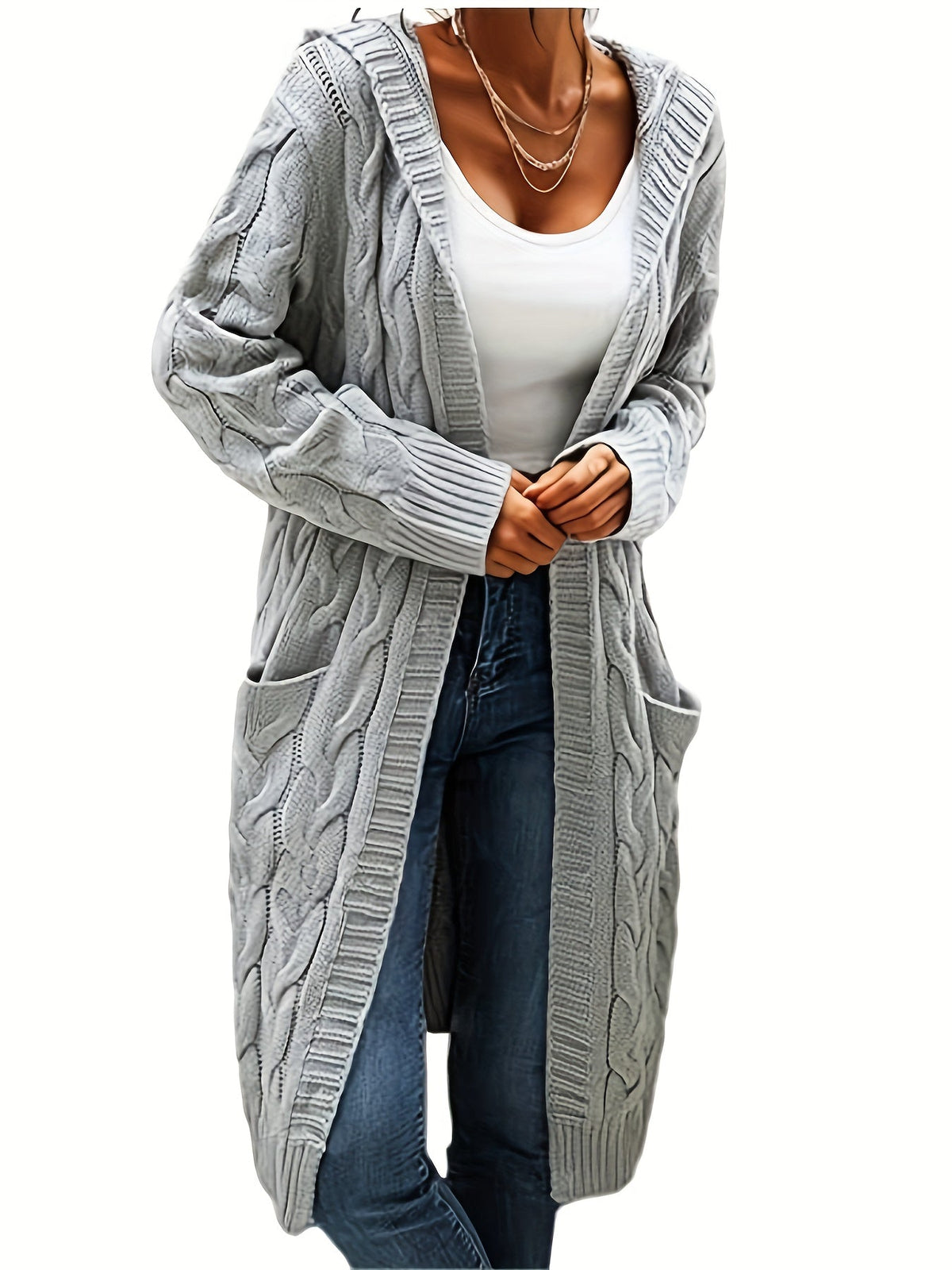 Cardigan femme à capuchon long avec texture câblée