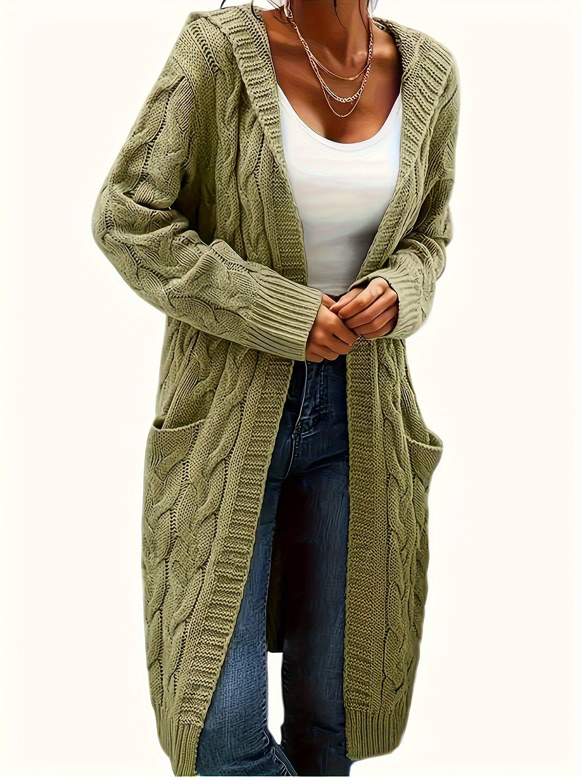 Cardigan femme à capuchon long avec texture câblée