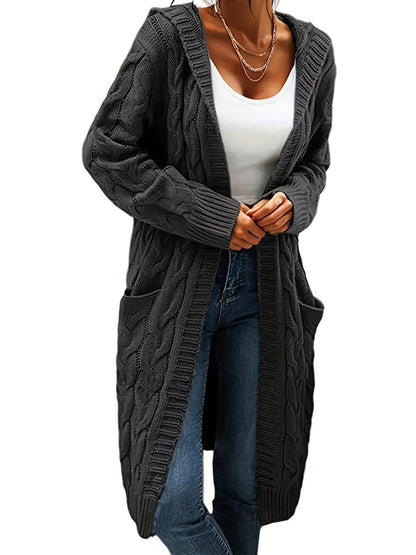 Cardigan femme à capuchon long avec texture câblée