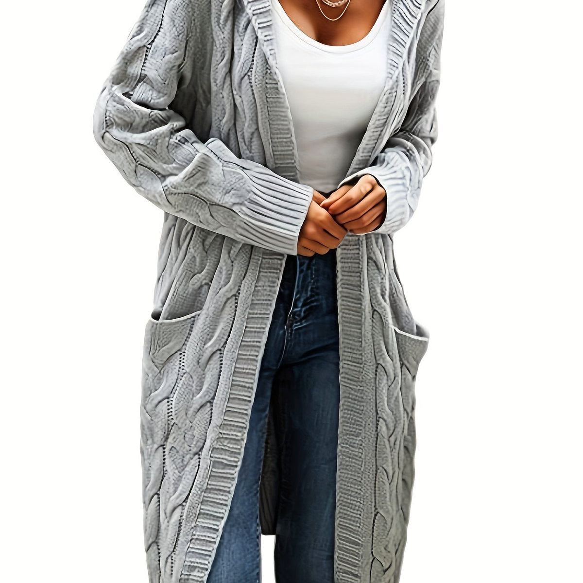 Cardigan femme à capuchon long avec texture câblée