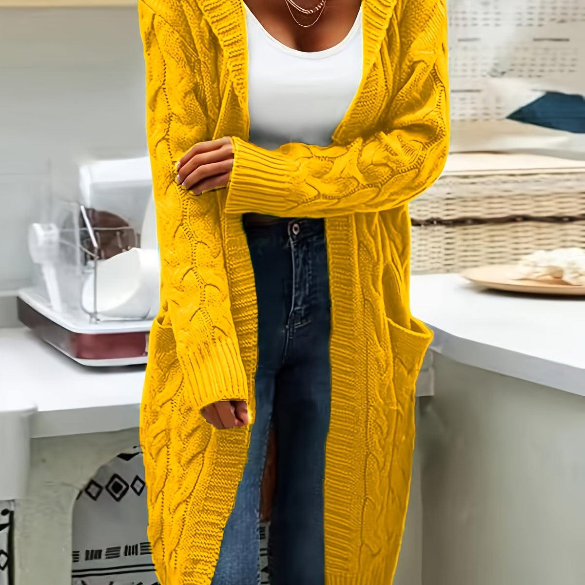 Cardigan femme à capuchon long avec texture câblée