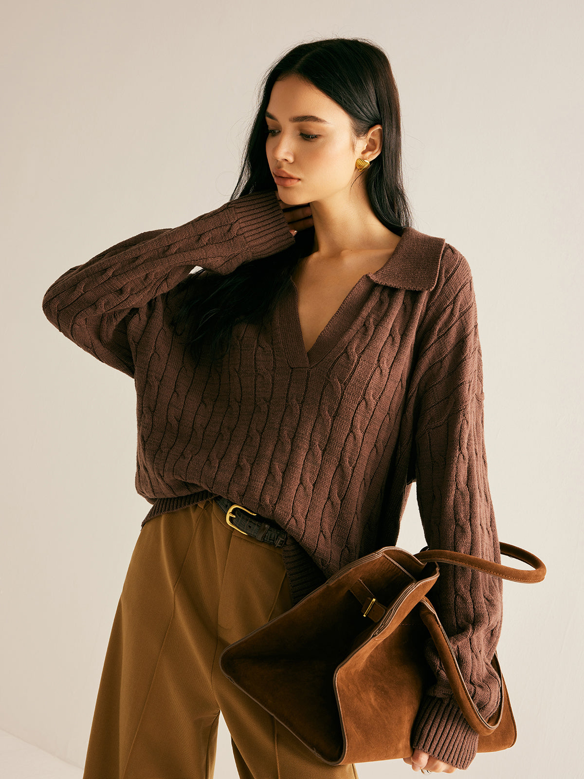 Pull-over en maille câblée pour femme avec col montant