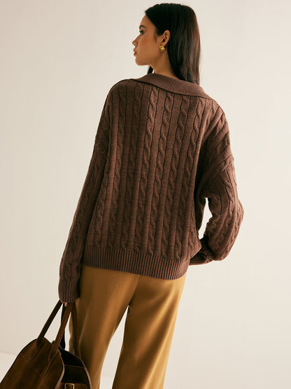 Pull-over en maille câblée pour femme avec col montant