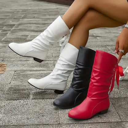 Bottines Mi-Mollet Froncées à Talon Bloc et Lacet Arrière pour Femme