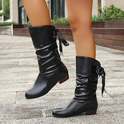 Bottines Mi-Mollet Froncées à Talon Bloc et Lacet Arrière pour Femme