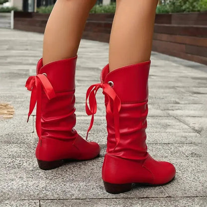 Bottines Mi-Mollet Froncées à Talon Bloc et Lacet Arrière pour Femme