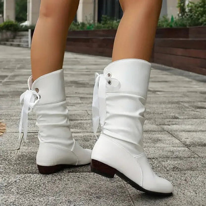 Bottines Mi-Mollet Froncées à Talon Bloc et Lacet Arrière pour Femme