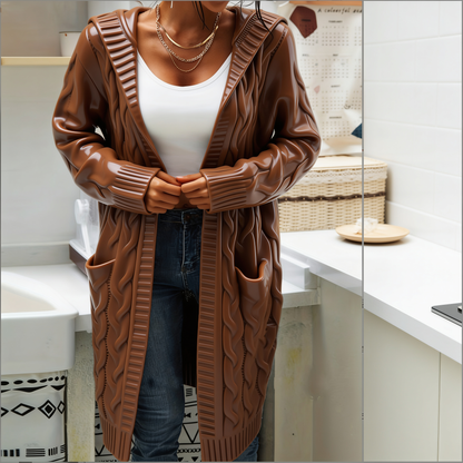 Cardigan femme à capuchon long avec texture câblée