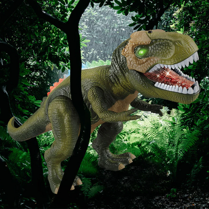 T-Rex télécommandé en situation de jeu dans un décor de jungle