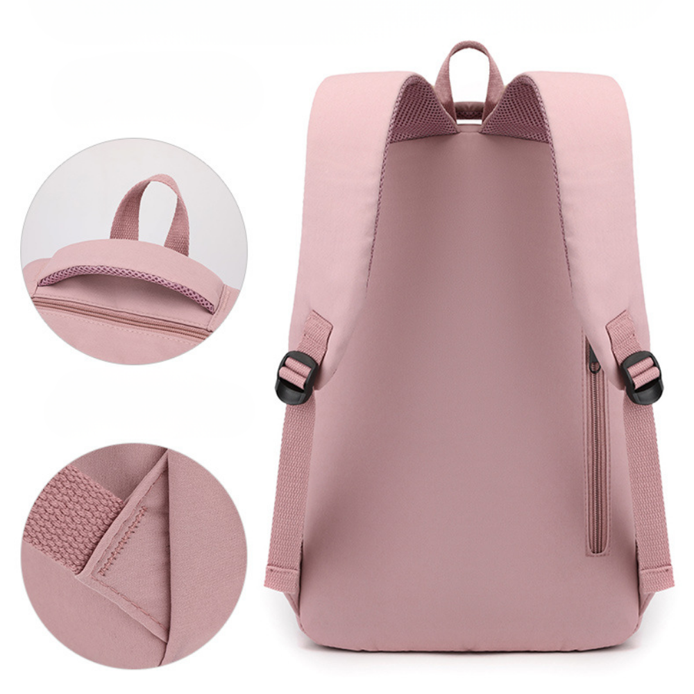 Sac à dos scolaire en polyester, vue de dos et détails des coutures, coloris rose