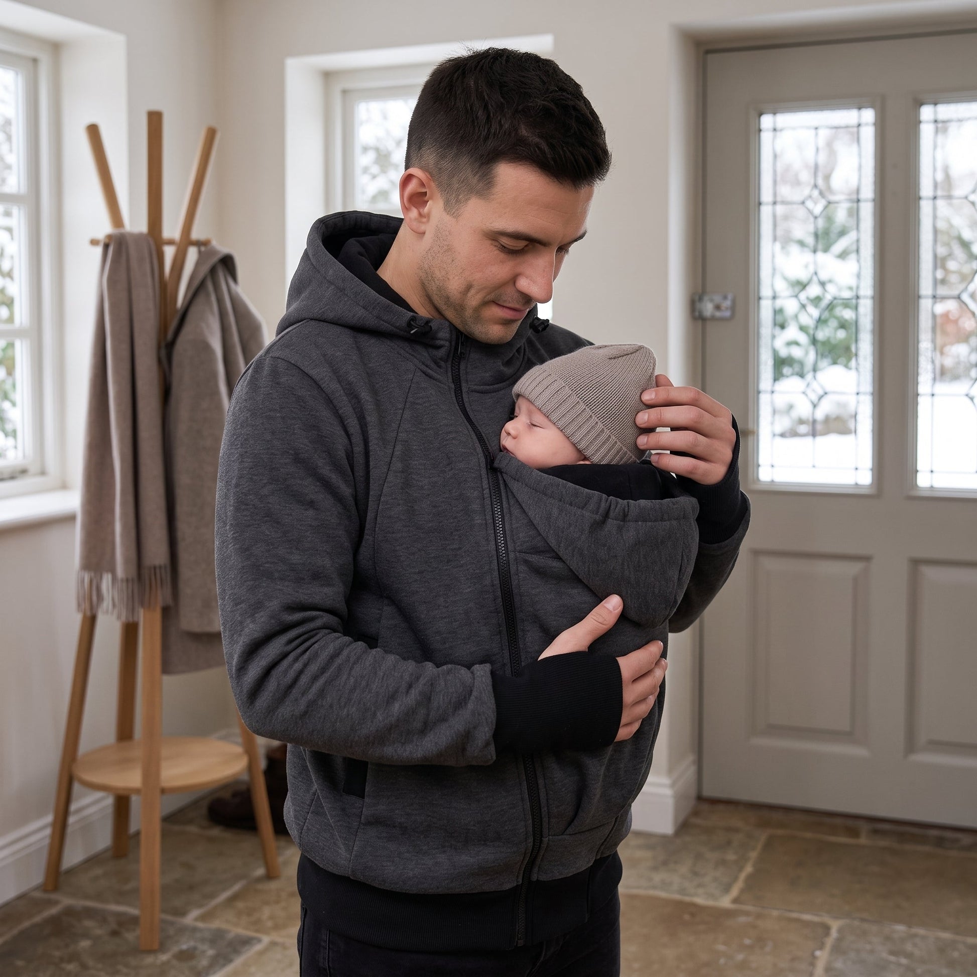 Femme enceinte portant le sweat à capuche de portage gris, poche kangourou visible