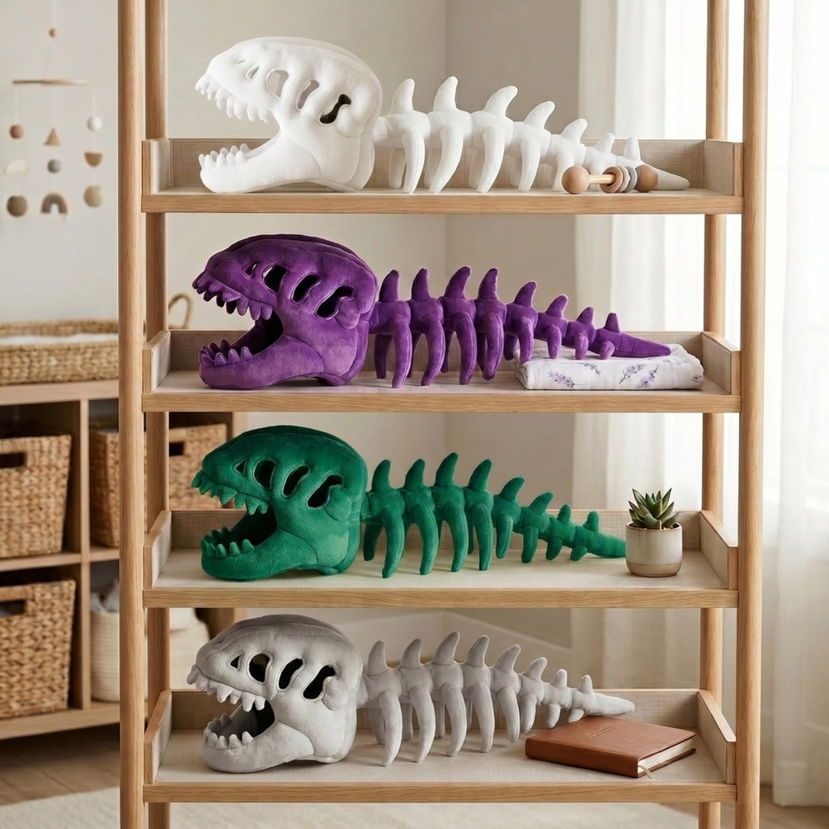 Capuches peluche crâne de dinosaure Martaline en blanc, violet, vert et gris alignées sur une étagère