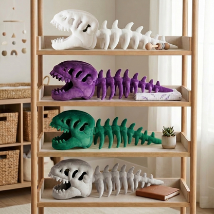 Capuches peluche crâne de dinosaure Martaline en blanc, violet, vert et gris alignées sur une étagère