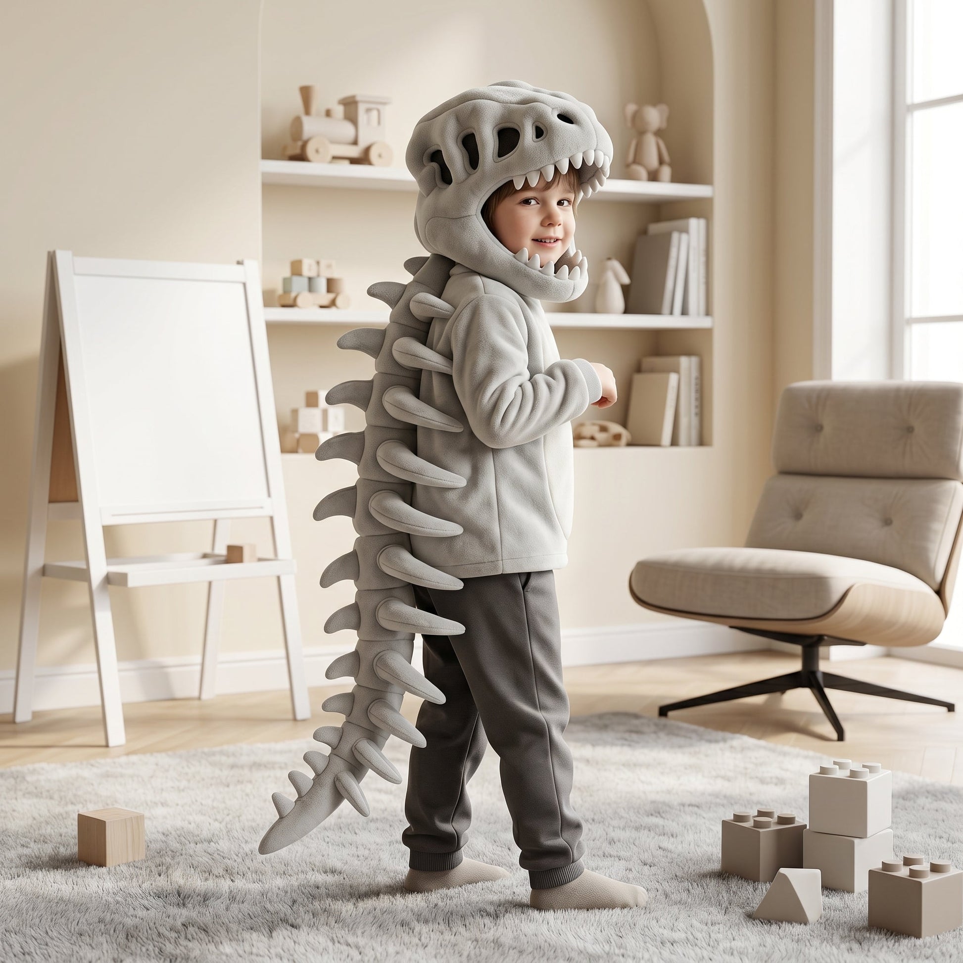 Enfant portant la capuche peluche crâne de dinosaure grise avec la colonne squelette dans le dos