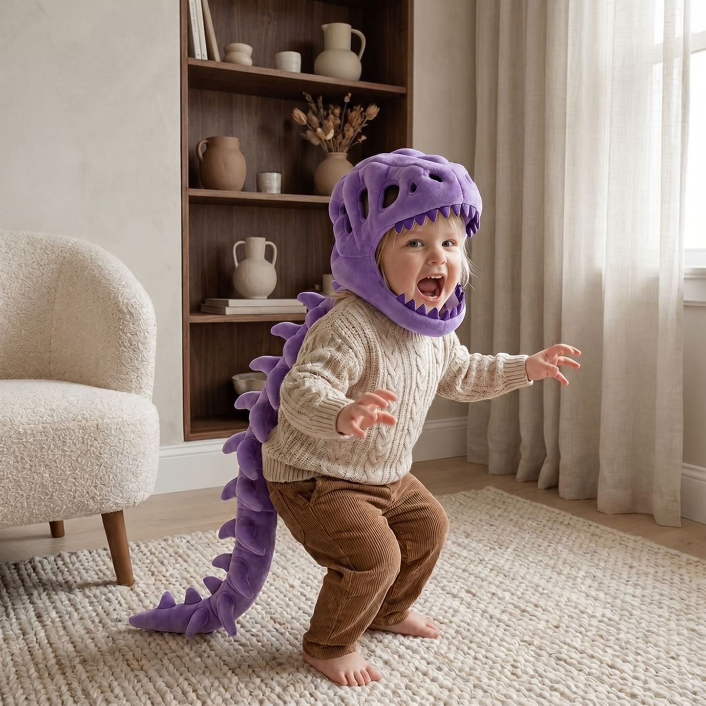 Capuche peluche crâne de dinosaure pour enfant, coloris violet