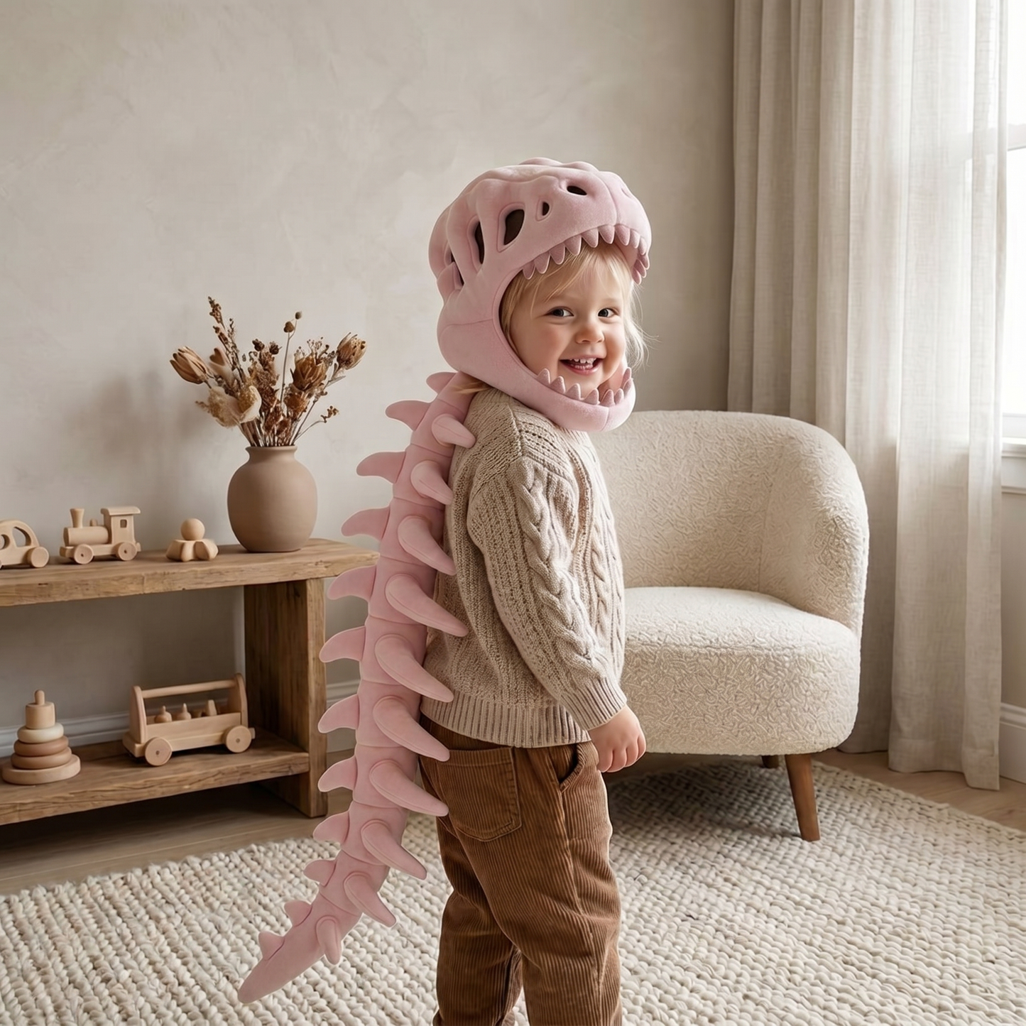 Capuche peluche crâne de dinosaure pour enfant, coloris rose