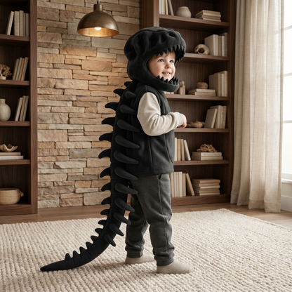 Capuche peluche crâne de dinosaure pour enfant, coloris noir