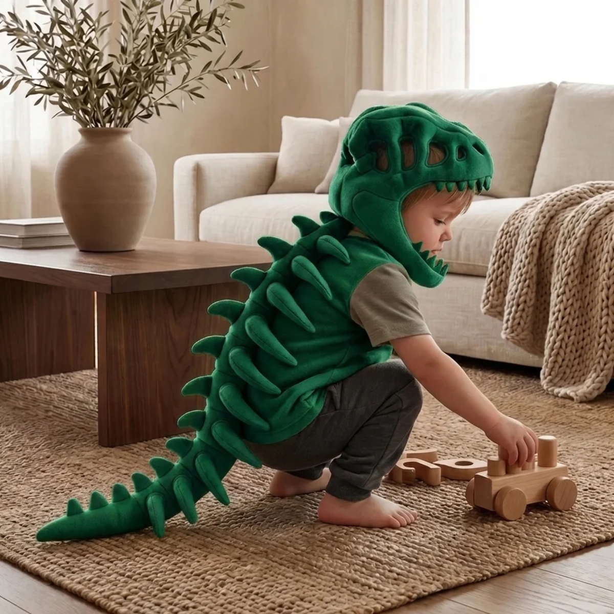 Capuche peluche crâne de dinosaure pour enfant, coloris vert, vue de dos avec la colonne squelette